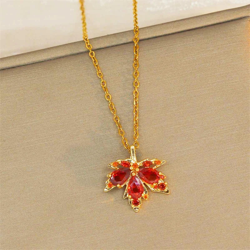 Orange Maple Leaf Pendants Women's Necklaces Gold Color Thin Link Bohemian Chain Necklace for Female Winter Festival Gifts