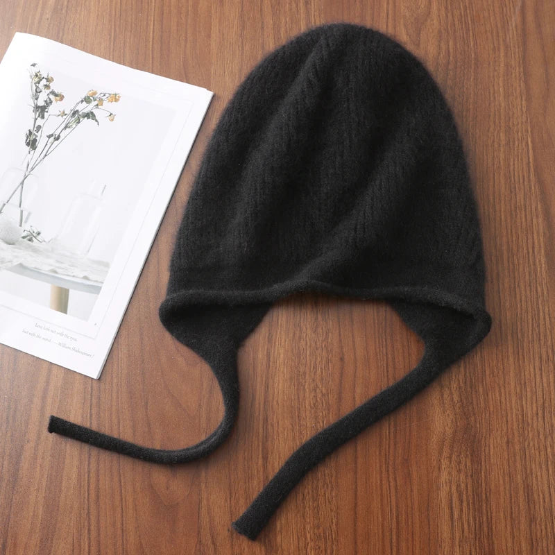 100%Pure Wool Women's Winter Knitted Hats Cute Lace-up Students Pullover Hat Autumn Winter Warm Windproof Earflap Beanies Female