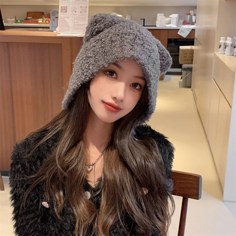 Plush Bear Ear Knitted Beanie for Women Stylish Warm Wool Winter Hat with Comfortable Ear Flaps Slimming Face for Casual Outings