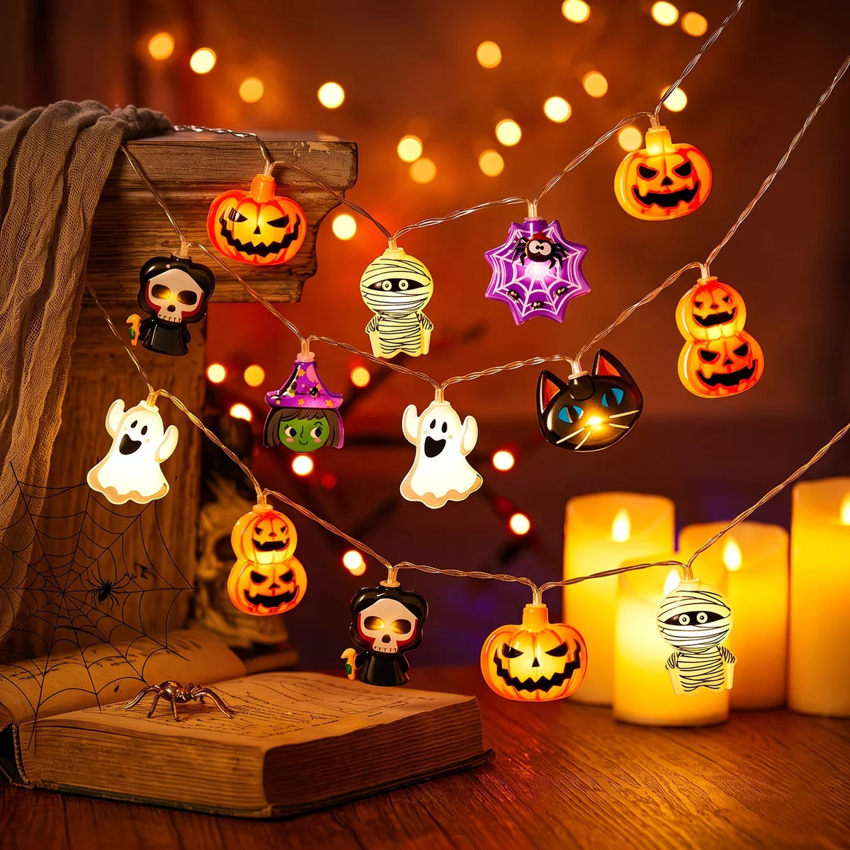 Guirlande lumineuse LED Halloween – Fantômes, citrouilles et araignées
