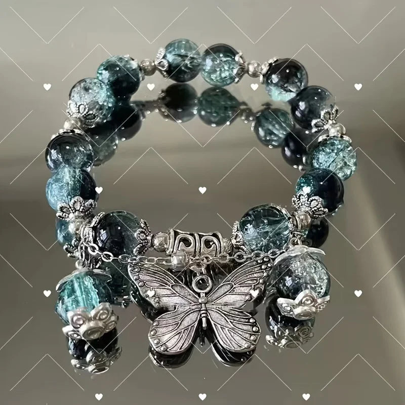 Fashion Design Gradient Crystal Beads Bracelet for Women Vintage Butterfly Feather Maple Leaf Tassel Bracelet Jewelry Gift