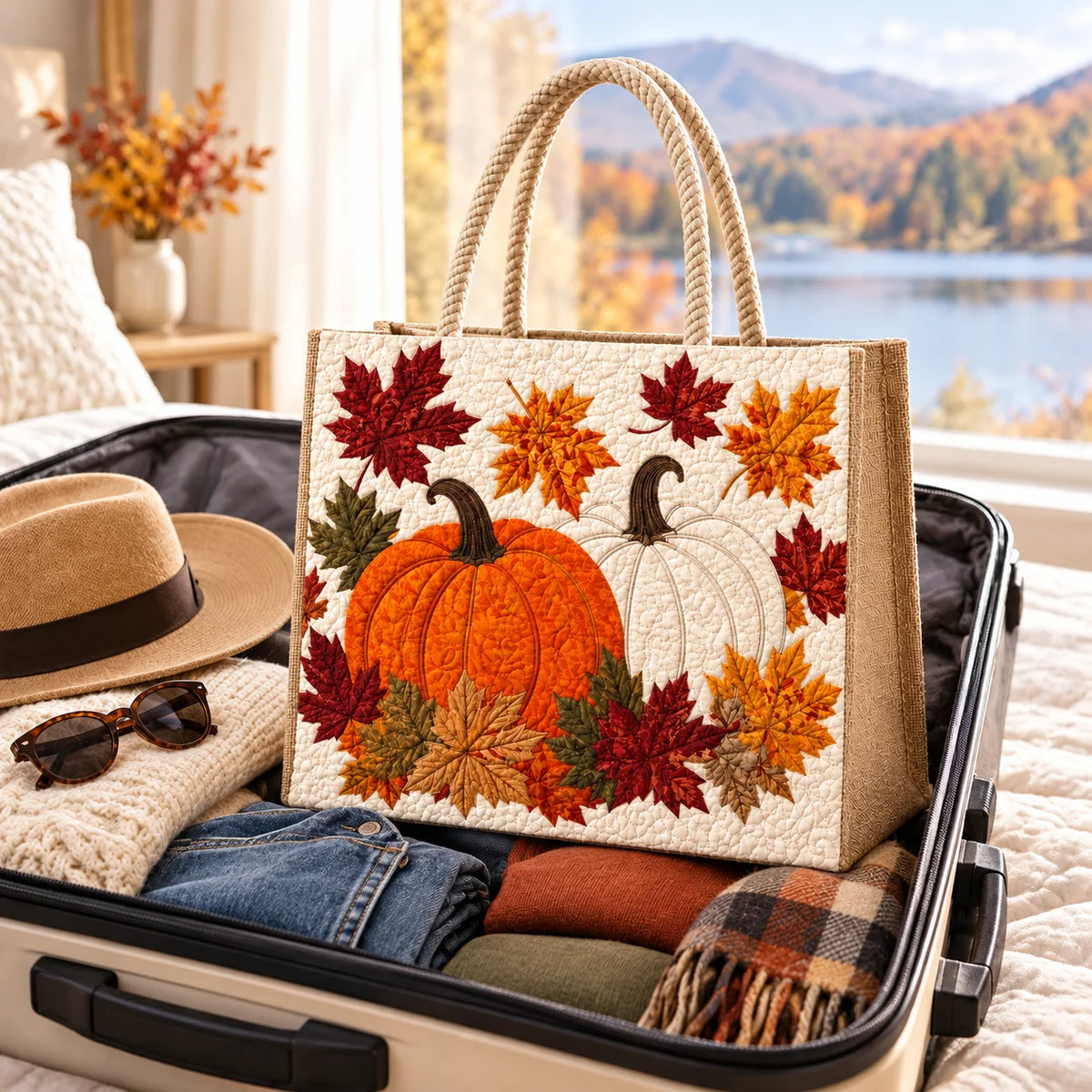 Sac imprimé d'automne (citrouille, café, feuilles)