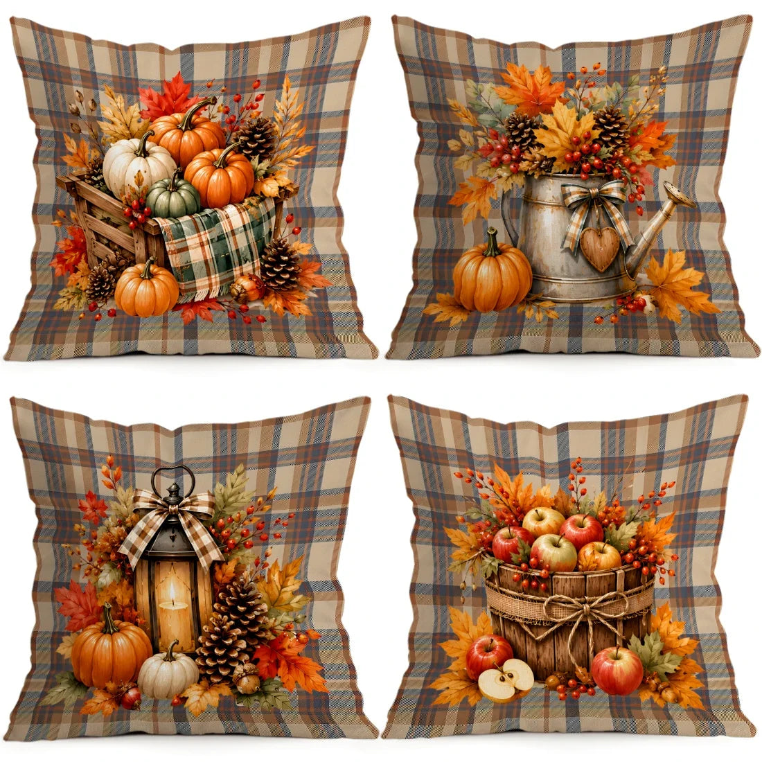 Retro Plaid Autumn Harvest Pumpkin Cushions Pillowcase Polyester Cushion Cover Throw Pillow Pillowcover Home Car Sofa Decor