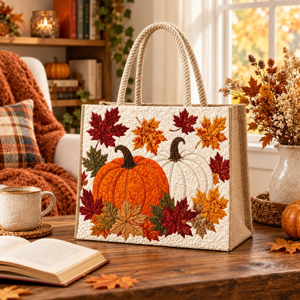 Sac imprimé d'automne (citrouille, café, feuilles)