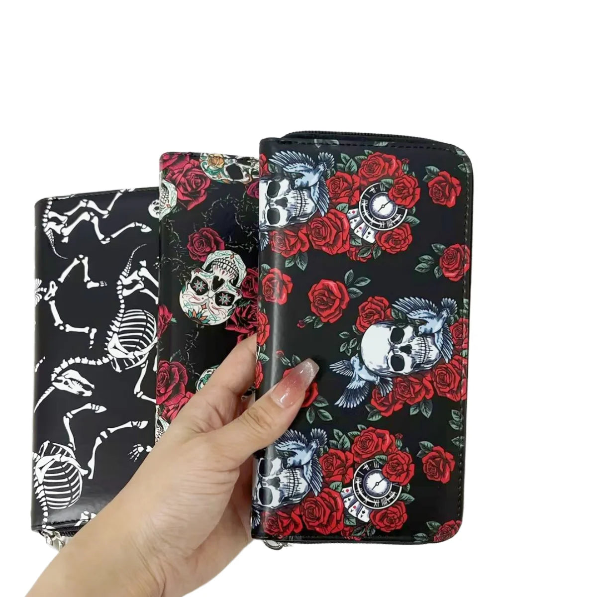 Portefeuille couple de crânes et roses – Halloween rétro pour femme