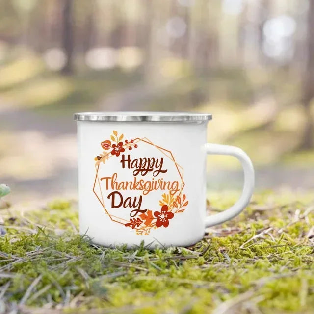 Tourist Mug Beer Coffee Cups Fall Thanksgiving Party Wine Juice Mug Hello Pumpkin Leaves Printed Enamel Mugs Fathers Day Gifts