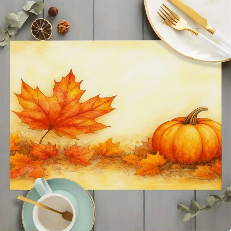 6Pcs Autumn Pumpkin Maple Leaf Printed Placemat Fall Harvest Non‑slip Dining Table Mats