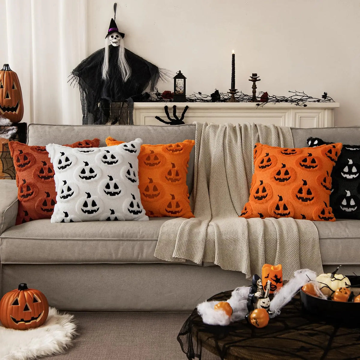 Fall Halloween Throw Pillow Covers Decorative Pumpkin Pattern Pillowcase Soft Plush Faux Wool Cushions for Home Sofa Couch