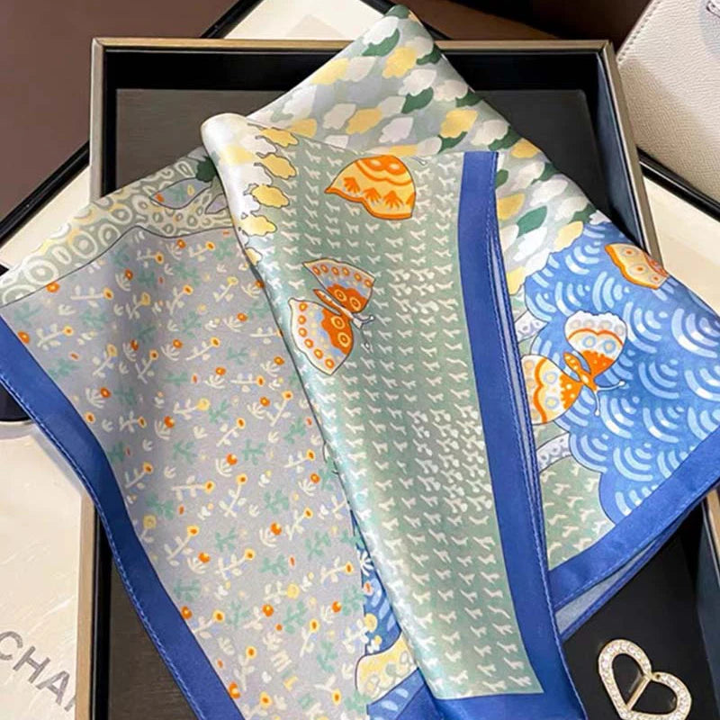 100% Mulberry Silk Square Scarf 53x53cm Butterfly Tree Print Satin Bandana Women's Fashion Accessory for Daily Wear