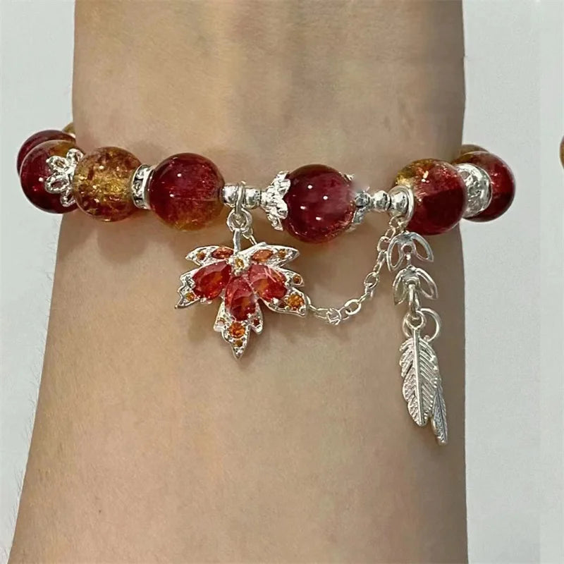 New Trendy Red Crystal Beaded Maple Leaf Bracelet for Women Fashion Butterfly Feather Pendant Bracelet Friendship Jewelry Gift
