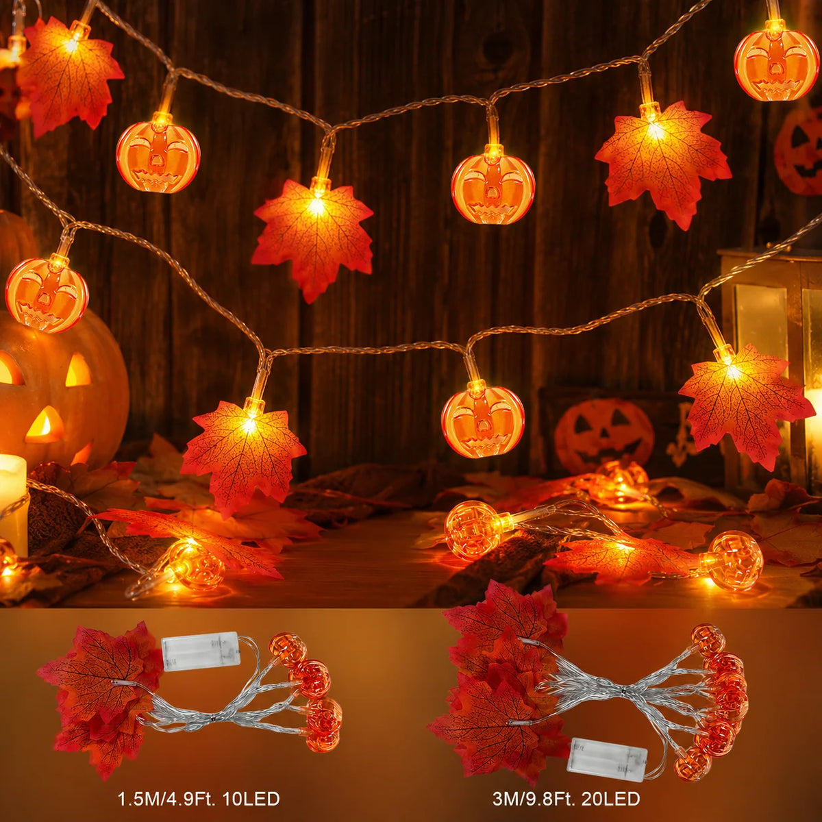 Guirlande lumineuse LED feuilles d'érable et citrouilles – Blanc chaud