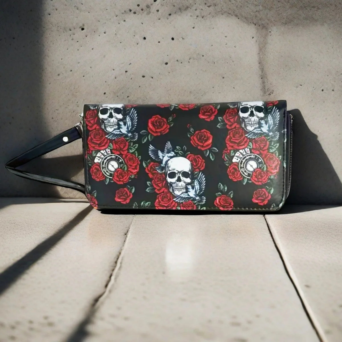 Portefeuille couple de crânes et roses – Halloween rétro pour femme
