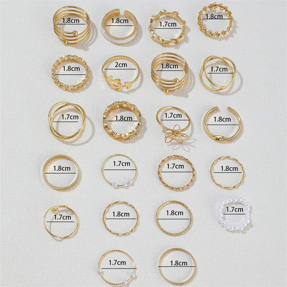 Set de 22 bagues dorées – guide des tailles et diamètres