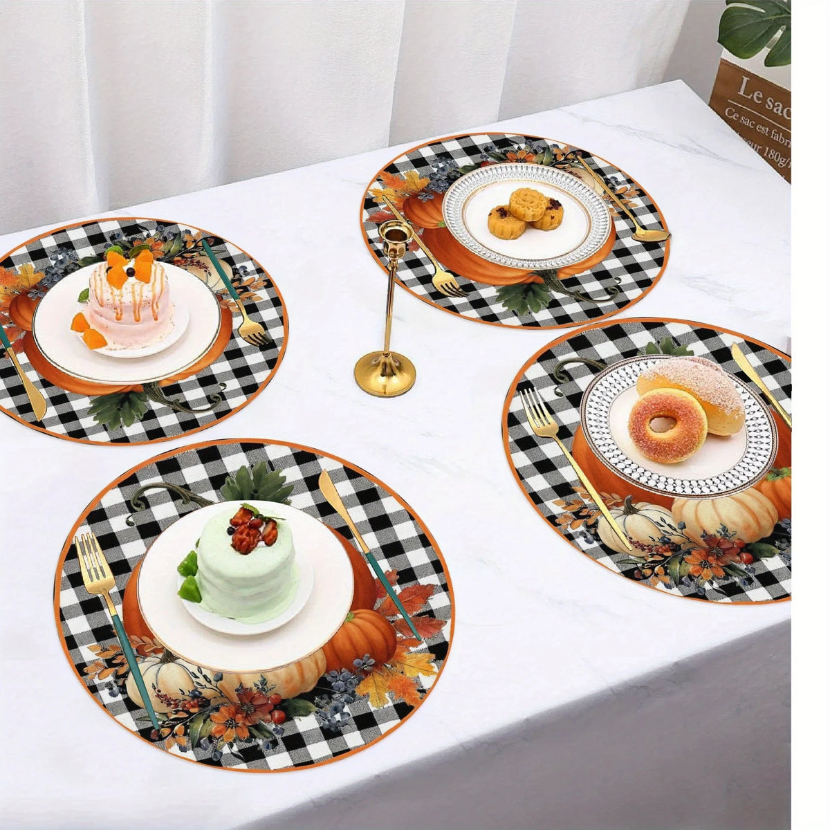 VIKAMA Round Fall Placemats Pumpkin Buffalo Plaid Linen Mats Heat‑Resistant Washable for Thanksgiving Dining Table Decor