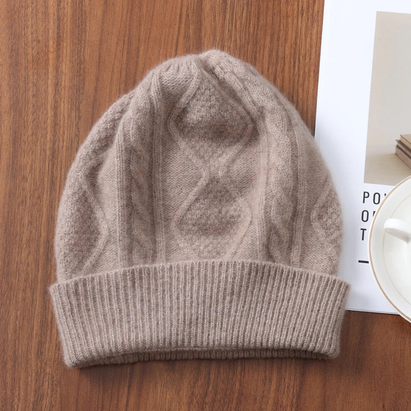 Women 100% Merino Wool Winter's Knitted Hat Men Rhombus Pattern Solid Warm Soft Wollen Beanies Y2K Hiphop Street Bonnet Skullies