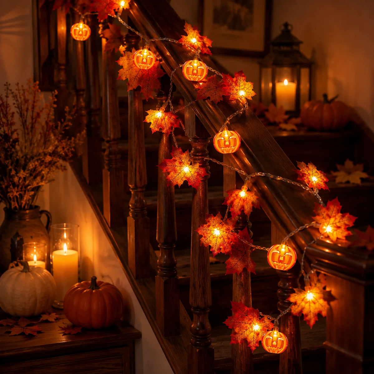 Guirlande lumineuse LED feuilles d'érable et citrouilles – Blanc chaud