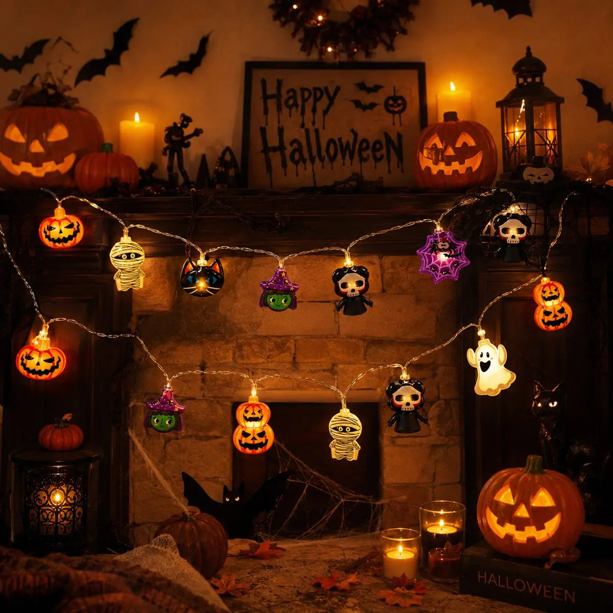 Guirlande lumineuse LED Halloween – Fantômes, citrouilles et araignées