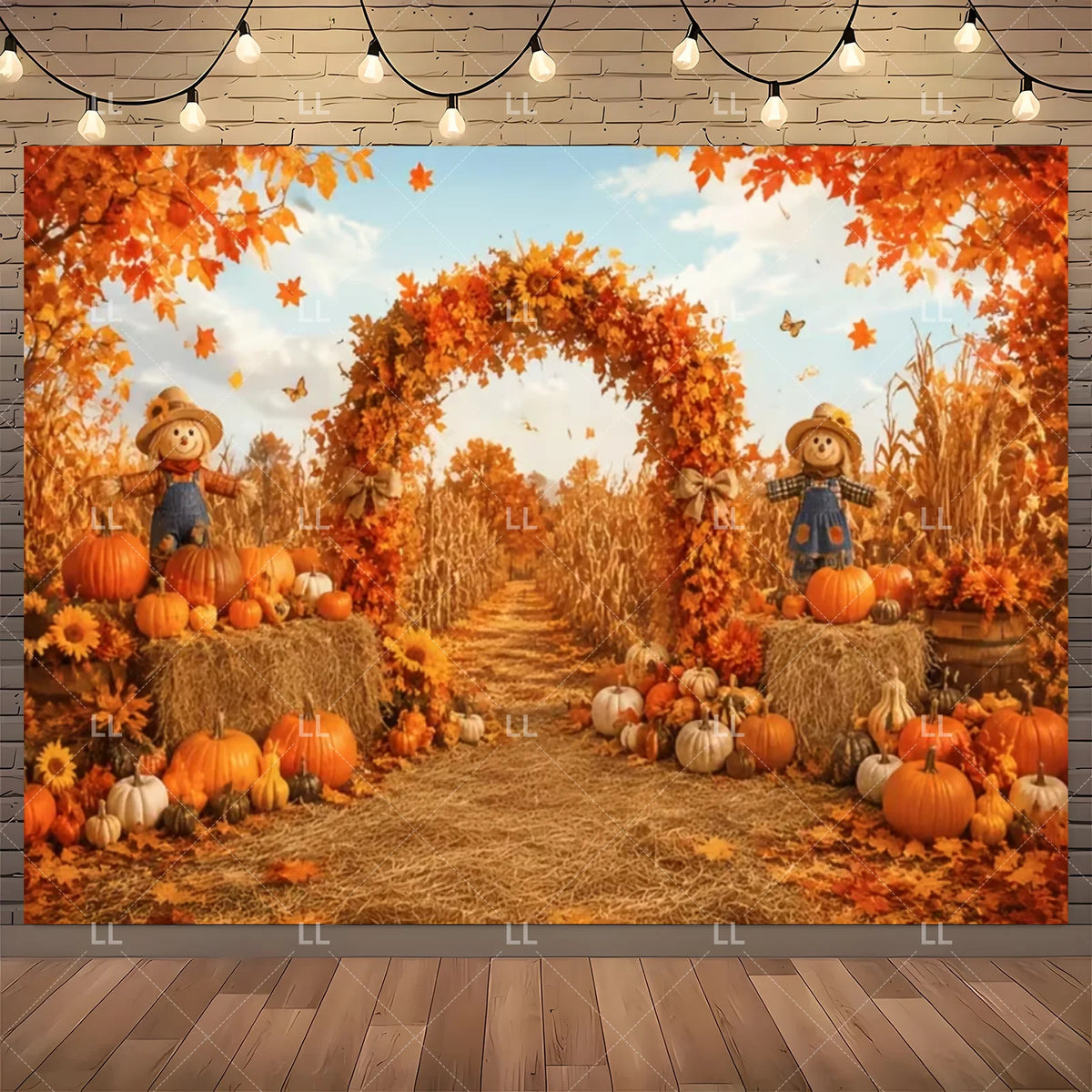 Fall Harvest Backdrop Thanksgiving Festivals Party Decoration Autumn Barn Pumpkin Maple Scarecrow Farm Photography Background