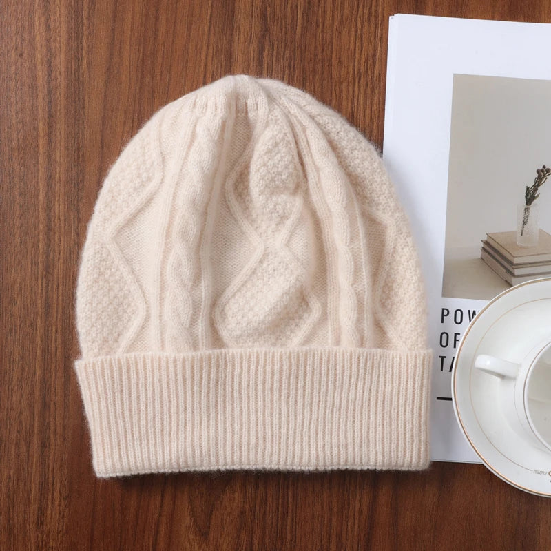Women 100% Merino Wool Winter's Knitted Hat Men Rhombus Pattern Solid Warm Soft Wollen Beanies Y2K Hiphop Street Bonnet Skullies