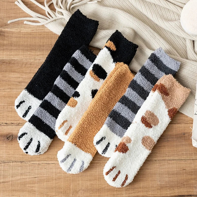 Women Cute Cat Paw Coral Fleece Socks Winter Thermal Thick Warm Fluffy Mid Calf Socks Non Slip Home Floor Sleep House Cozy Gift