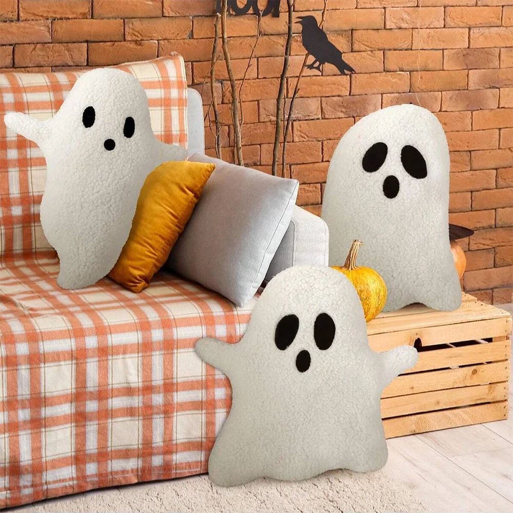 Coussin peluche fantôme Halloween – Doux et câlin