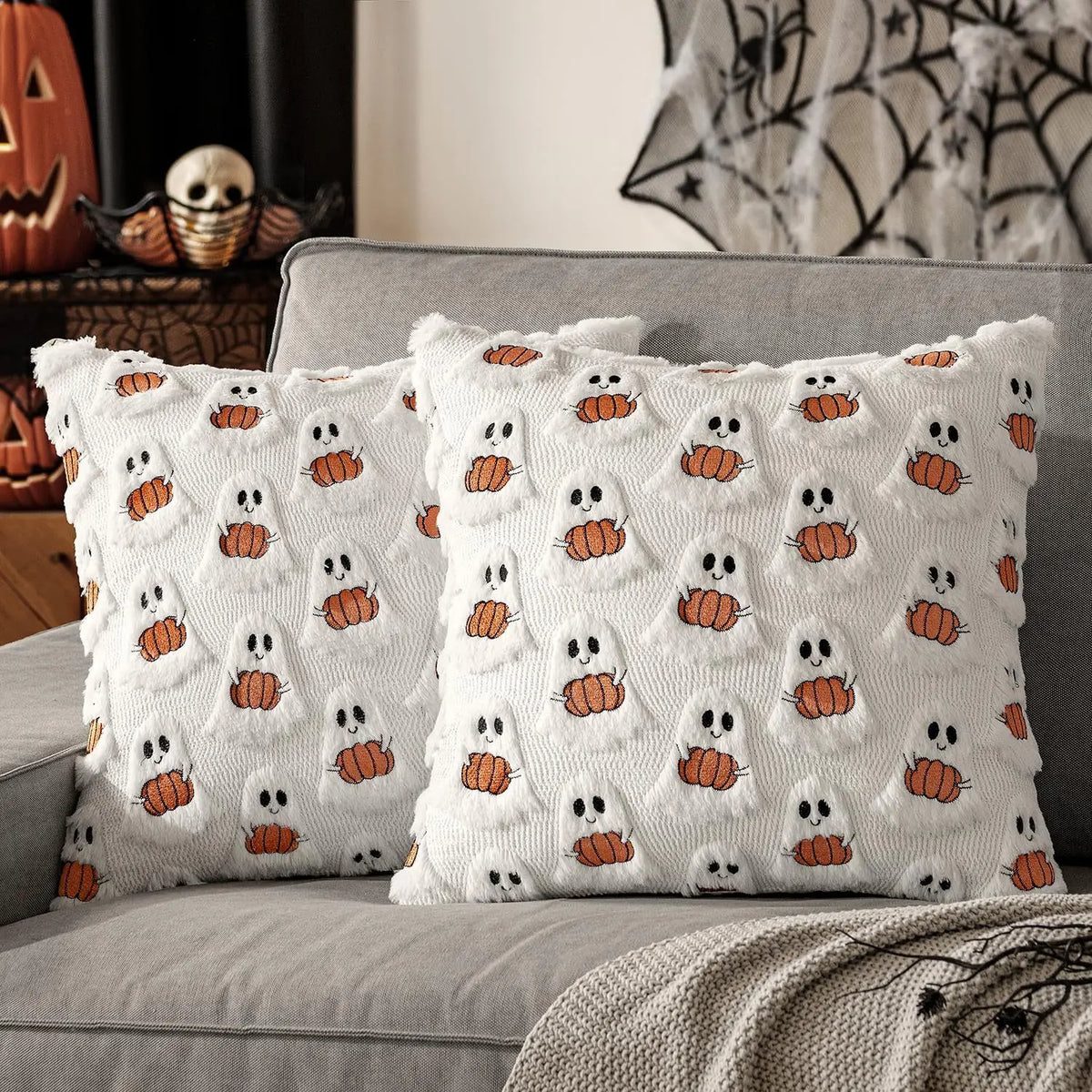 Fall Halloween Throw Pillow Covers Decorative Pumpkin Pattern Pillowcase Soft Plush Faux Wool Cushions for Home Sofa Couch