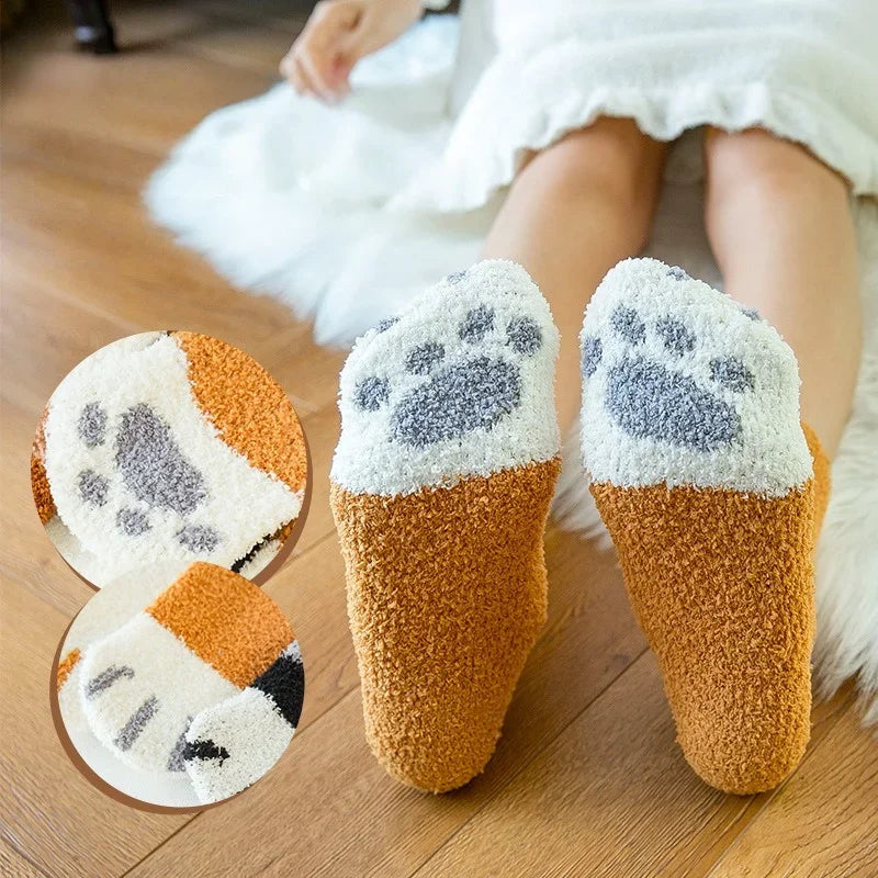 Women Cute Cat Paw Coral Fleece Socks Winter Thermal Thick Warm Fluffy Mid Calf Socks Non Slip Home Floor Sleep House Cozy Gift