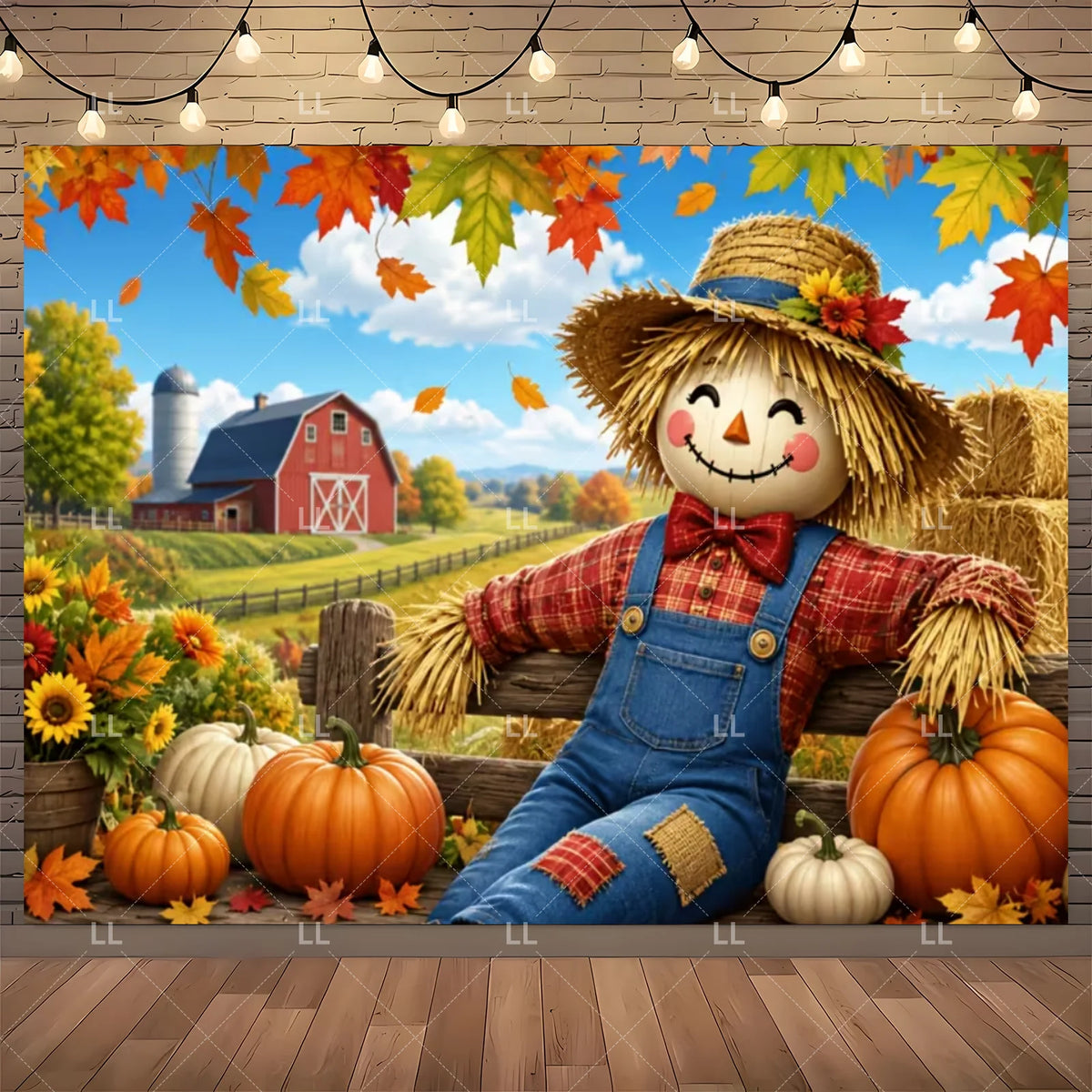 Fall Harvest Backdrop Thanksgiving Festivals Party Decoration Autumn Barn Pumpkin Maple Scarecrow Farm Photography Background