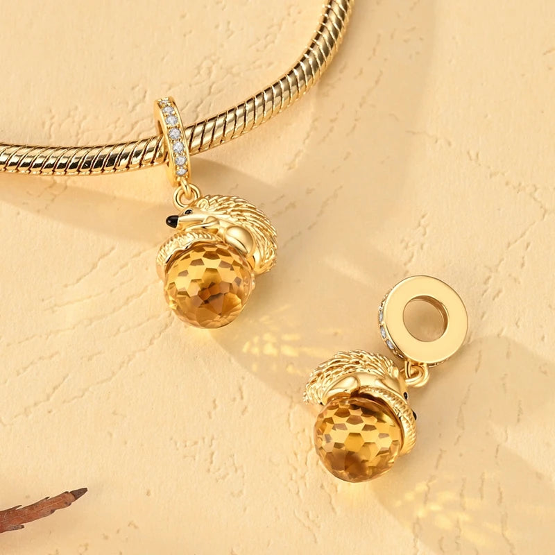 Autumn Original 925 Sterling Silver Golden Mushroom Bead Maple Leaf Acorn Hedgehog Pendant Fit Original Bracelet For Women Gift