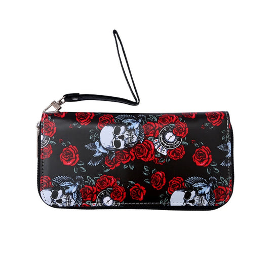 Portefeuille long crânes et roses – Halloween vintage pour femme