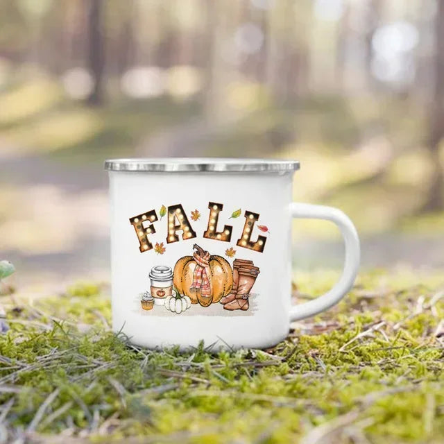 Tourist Mug Beer Coffee Cups Fall Thanksgiving Party Wine Juice Mug Hello Pumpkin Leaves Printed Enamel Mugs Fathers Day Gifts