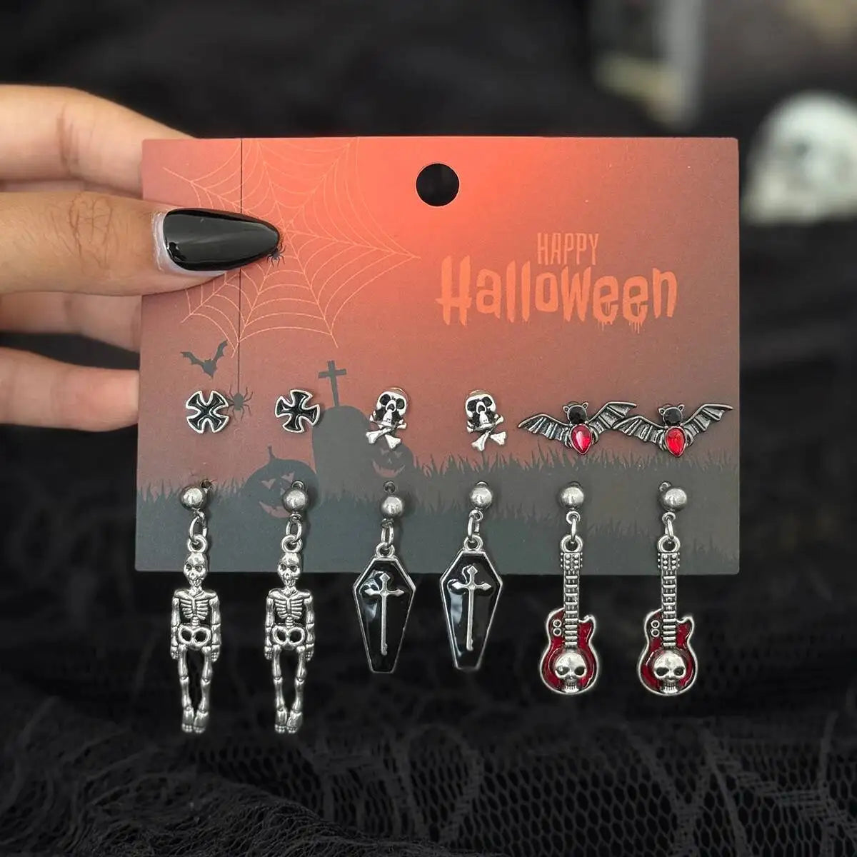 Set de 6 paires de boucles d'oreilles Halloween – Style gothique