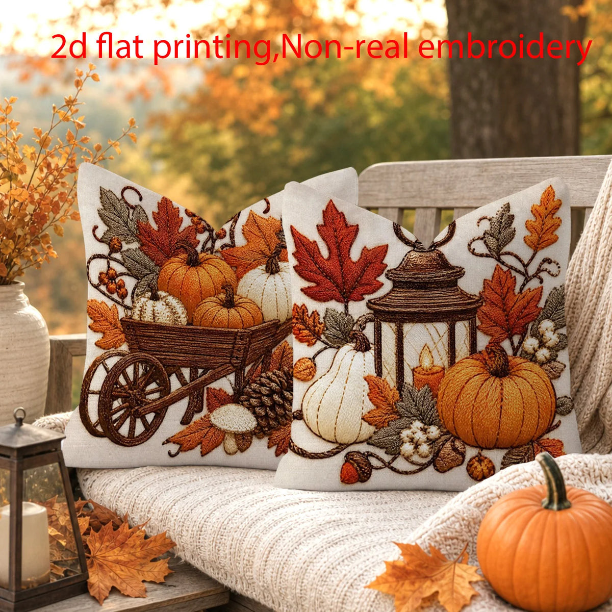 2PCS Embroidery Style Pumpkin Cart Lantern Print Pillow Covers Fall Farmhouse Decorative Throw Pillow Sofa Couch Home Decor