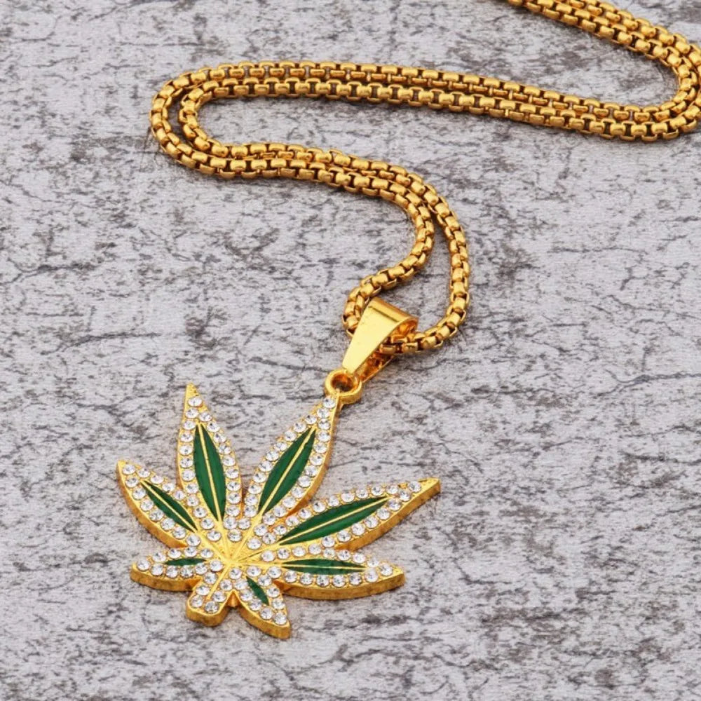Punk Hip-hop Shiny Inlaid Zircon Oil Painting Green Drip Glaze Large Maple Leaf Pendant Box Chain Necklace for Men Women Jewelry