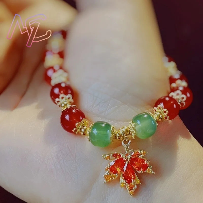 Red Natural Jade Beads Bracelet Maple Leaf Bangle Real Jewelry Fashion Gifts for Women Charm Gemstone Designer Accessories