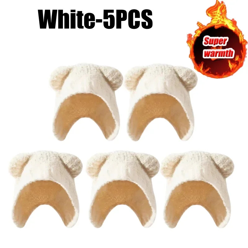 Plush Bear Ear Knitted Beanie for Women Stylish Warm Wool Winter Hat with Comfortable Ear Flaps Slimming Face for Casual Outings