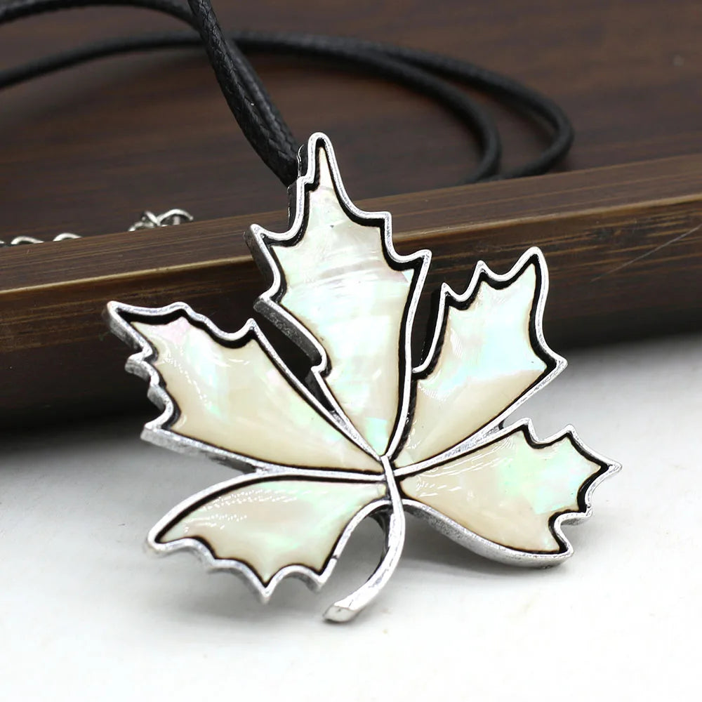 Natural Abalone Shell Pendant Necklace Vintage Maple Leaf Shape Alloy Brooch Necklace With Leather Rope Charm Jewelry For Women