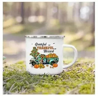 Tourist Mug Beer Coffee Cups Fall Thanksgiving Party Wine Juice Mug Hello Pumpkin Leaves Printed Enamel Mugs Fathers Day Gifts