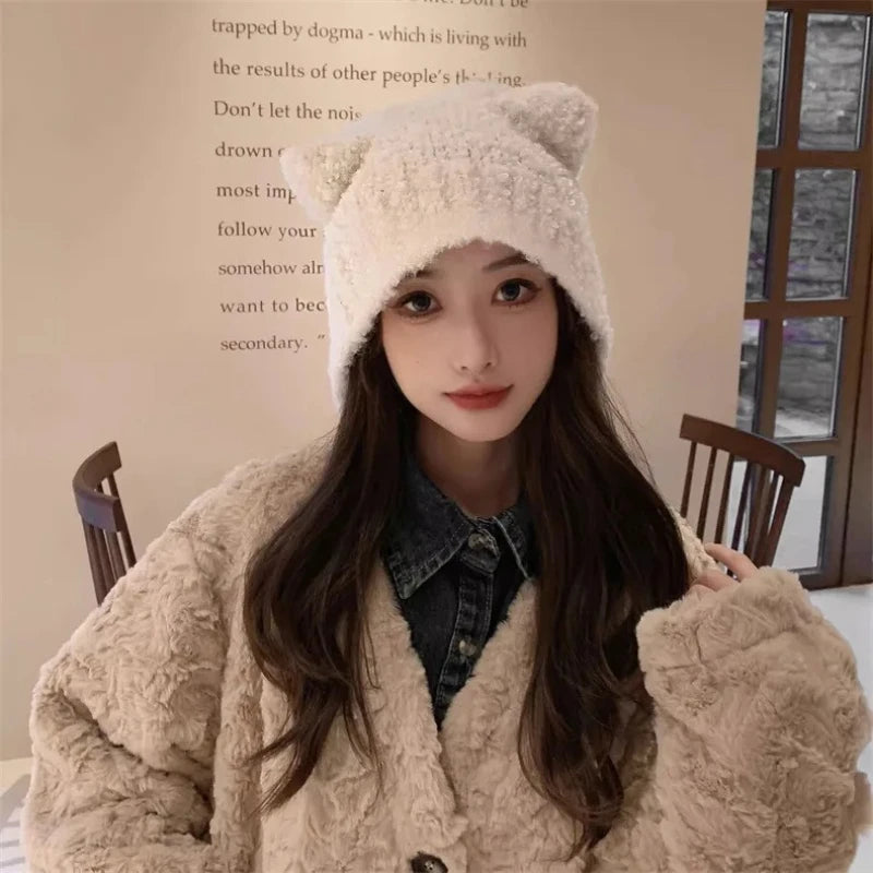 Plush Bear Ear Knitted Beanie for Women Stylish Warm Wool Winter Hat with Comfortable Ear Flaps Slimming Face for Casual Outings