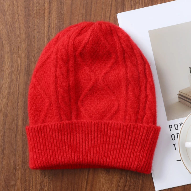 Women 100% Merino Wool Winter's Knitted Hat Men Rhombus Pattern Solid Warm Soft Wollen Beanies Y2K Hiphop Street Bonnet Skullies