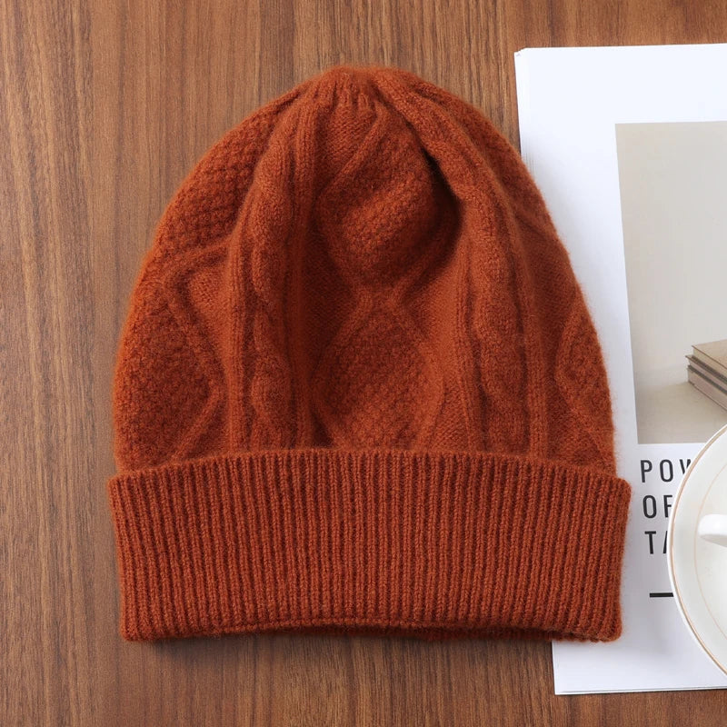 Women 100% Merino Wool Winter's Knitted Hat Men Rhombus Pattern Solid Warm Soft Wollen Beanies Y2K Hiphop Street Bonnet Skullies