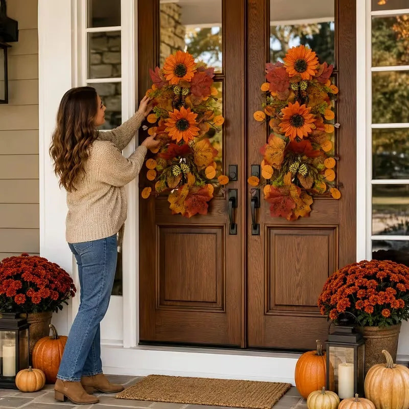 1-5pcs Seasonal Wall Decor Fall Sunflower Maple Leaf Wreath Vine Butterfly for Home Front Door Cozy Autumn Harvest Celebration