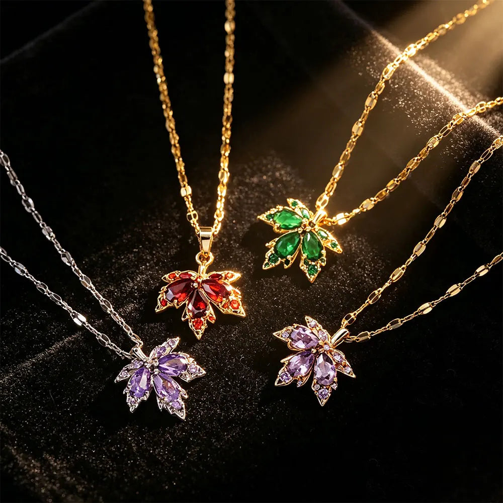 New Fashion Love Memory Red Maple Leaf Pendant Necklace For Women Cute Romantic Female Neck Chain Ladies Stainless Steel Jewelry