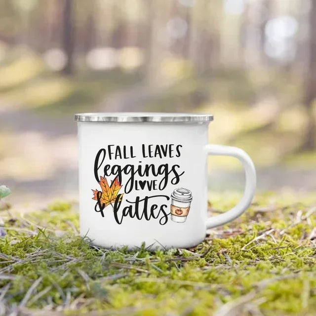 Tourist Mug Beer Coffee Cups Fall Thanksgiving Party Wine Juice Mug Hello Pumpkin Leaves Printed Enamel Mugs Fathers Day Gifts