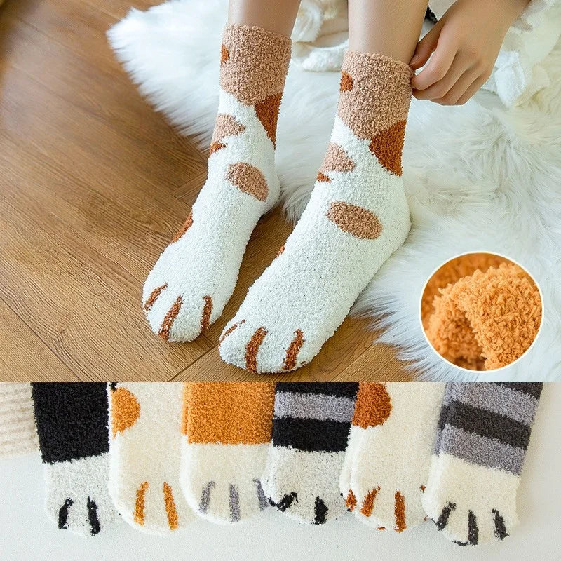 Women Cute Cat Paw Coral Fleece Socks Winter Thermal Thick Warm Fluffy Mid Calf Socks Non Slip Home Floor Sleep House Cozy Gift