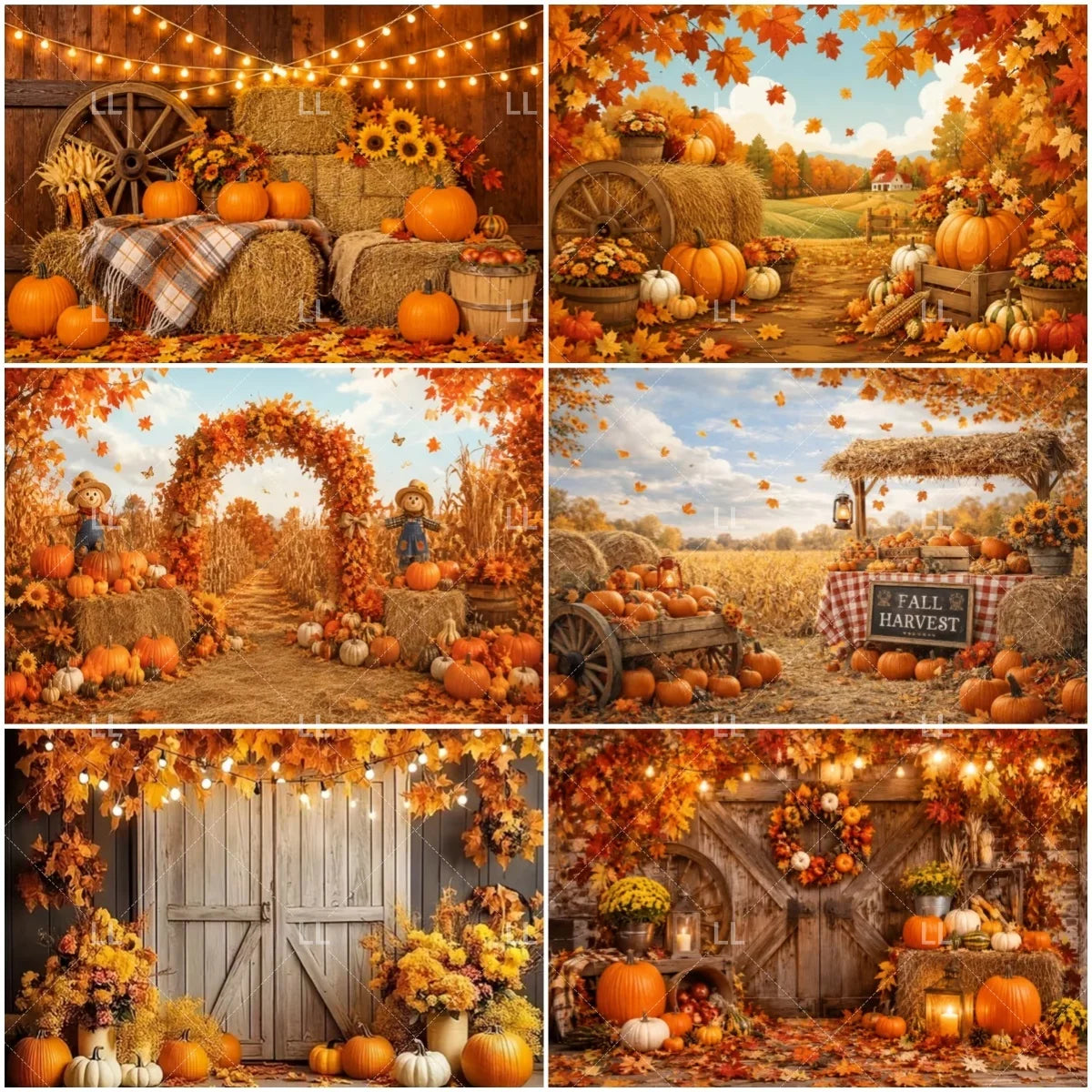Fall Harvest Backdrop Thanksgiving Festivals Party Decoration Autumn Barn Pumpkin Maple Scarecrow Farm Photography Background