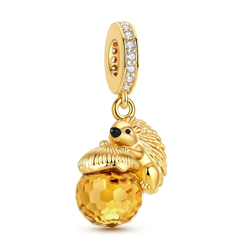 Autumn Original 925 Sterling Silver Golden Mushroom Bead Maple Leaf Acorn Hedgehog Pendant Fit Original Bracelet For Women Gift