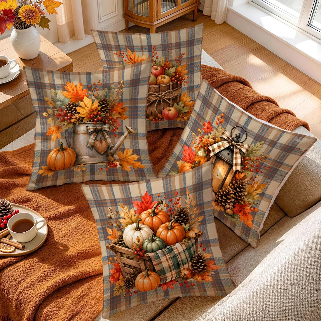 Retro Plaid Autumn Harvest Pumpkin Cushions Pillowcase Polyester Cushion Cover Throw Pillow Pillowcover Home Car Sofa Decor