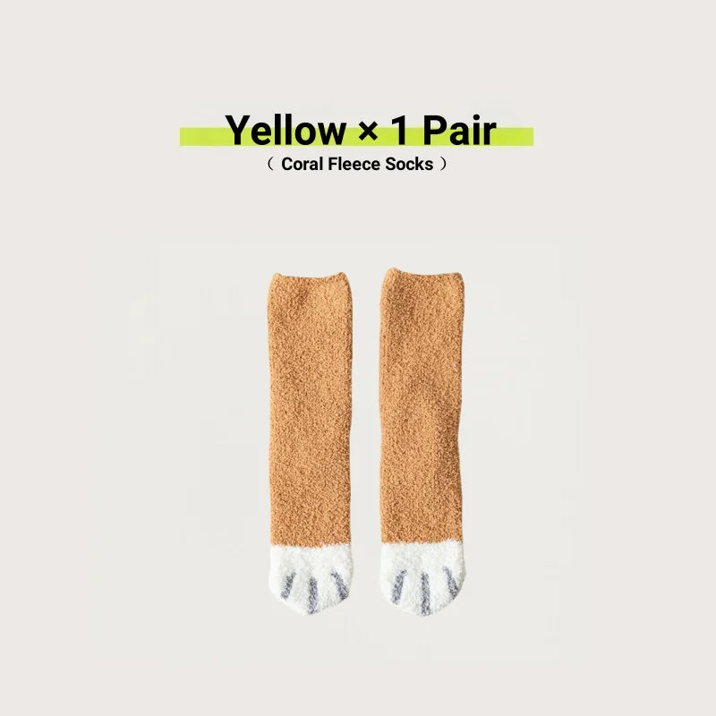 Women Cute Cat Paw Coral Fleece Socks Winter Thermal Thick Warm Fluffy Mid Calf Socks Non Slip Home Floor Sleep House Cozy Gift