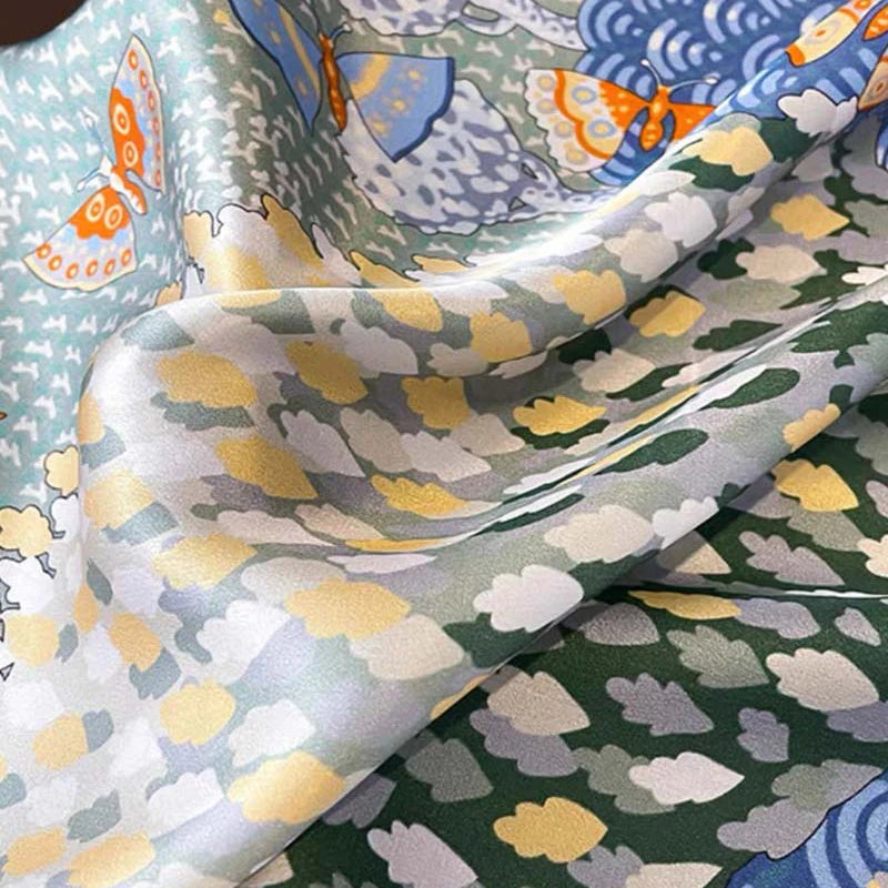 100% Mulberry Silk Square Scarf 53x53cm Butterfly Tree Print Satin Bandana Women's Fashion Accessory for Daily Wear
